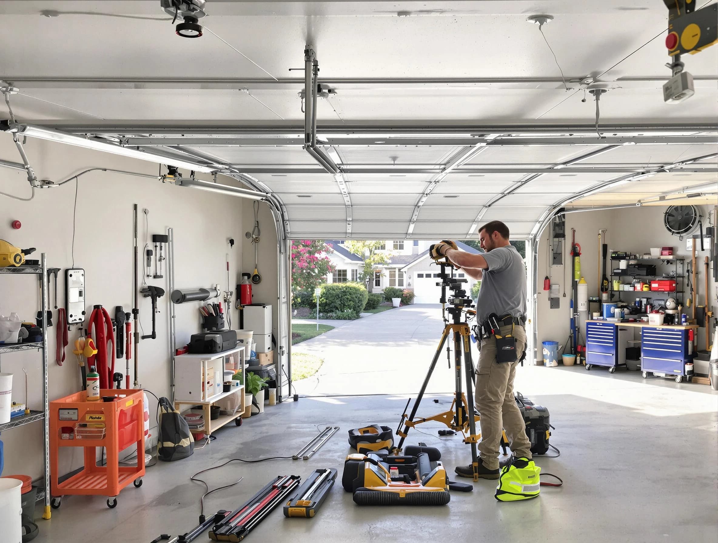 Methuen Town Garage Door Repair specialist performing laser-guided track alignment in Methuen Town