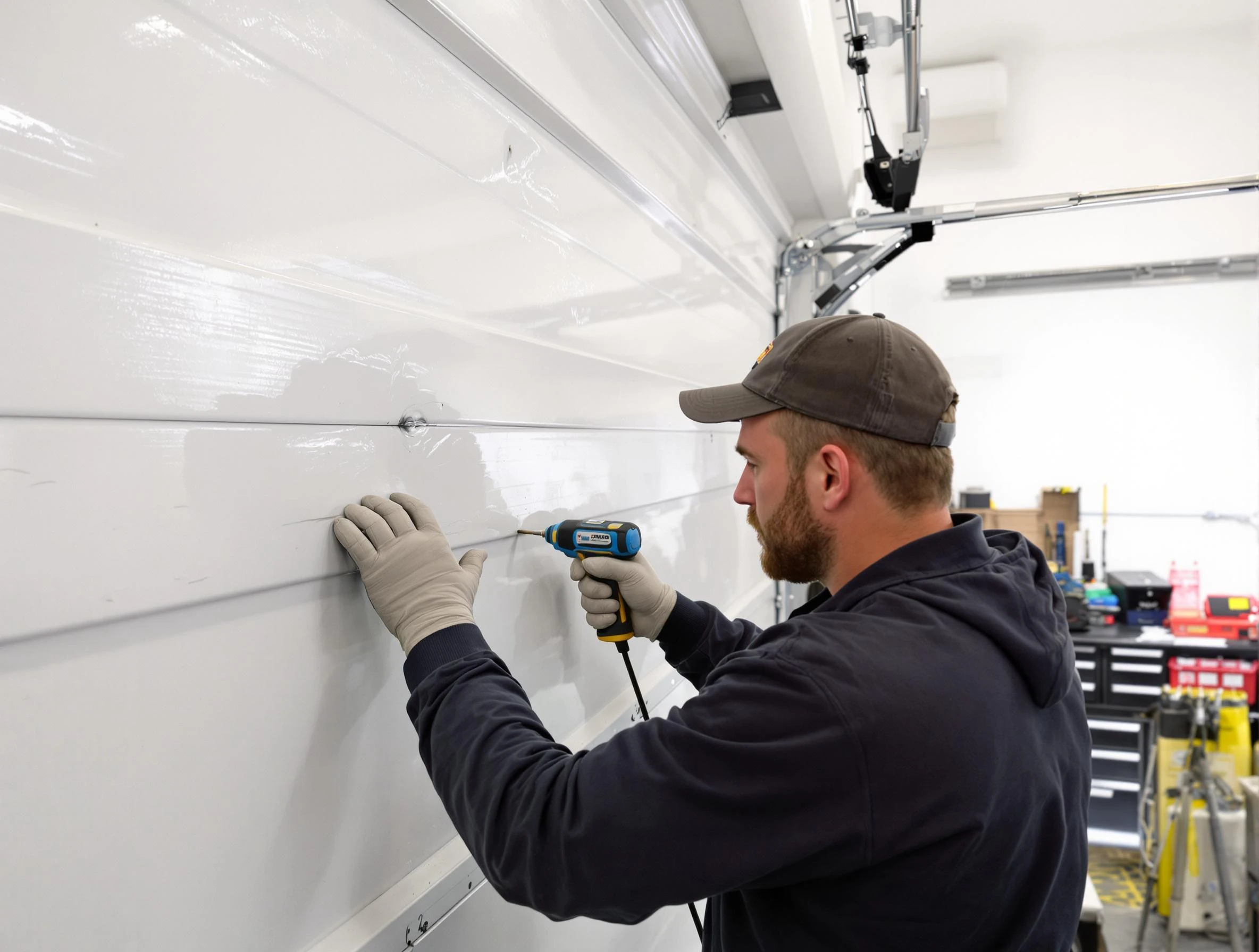 Methuen Town Garage Door Repair technician demonstrating precision dent removal techniques on a Methuen Town garage door